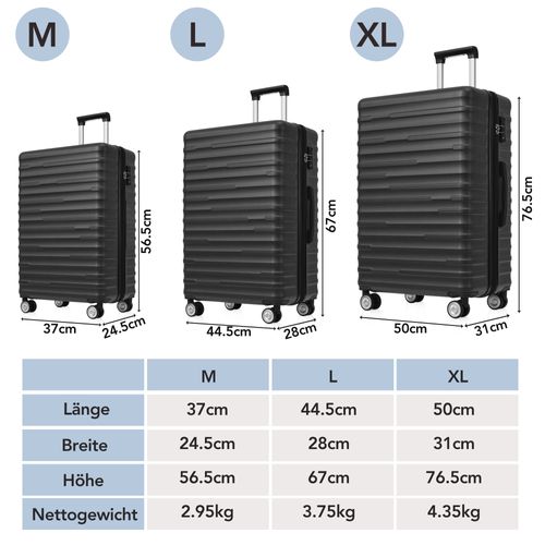 Set De Valises Abs 3 Tailles Avec Serrure Tsa, Étanche Et Extensible, Noir