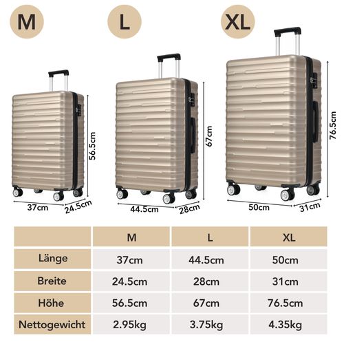 Set De Valises Abs 3 Tailles Avec Serrure Tsa, Étanche Et Extensible, Doré