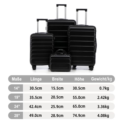 Set De Valises Abs 4 Pièces Avec Roulettes 360°, Cadenas Et Trousse Cosmétique 14", Noir
