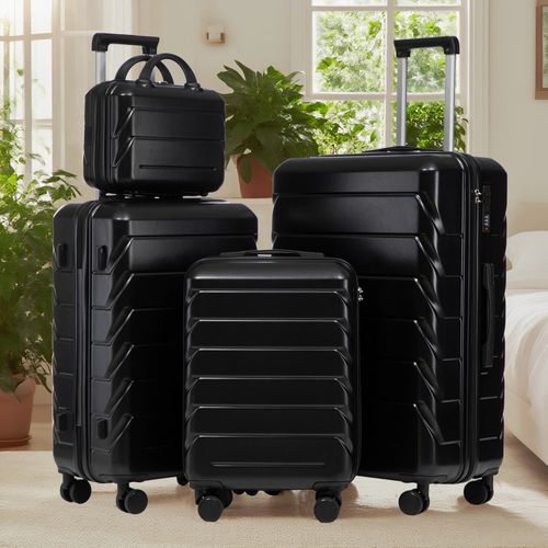 Set De Valises Abs 4 Pièces Avec Roulettes 360°, Cadenas Et Trousse Cosmétique 14", Noir