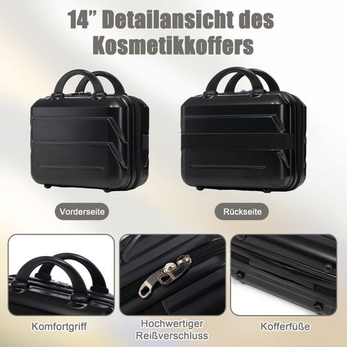Set De Valises Abs 4 Pièces Avec Roulettes 360°, Cadenas Et Trousse Cosmétique 14", Noir