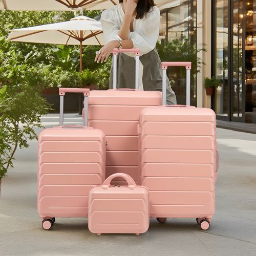Set De Valises Abs 4 Pièces Avec Roulettes 360°, Cadenas Et Trousse Cosmétique 14", Rose