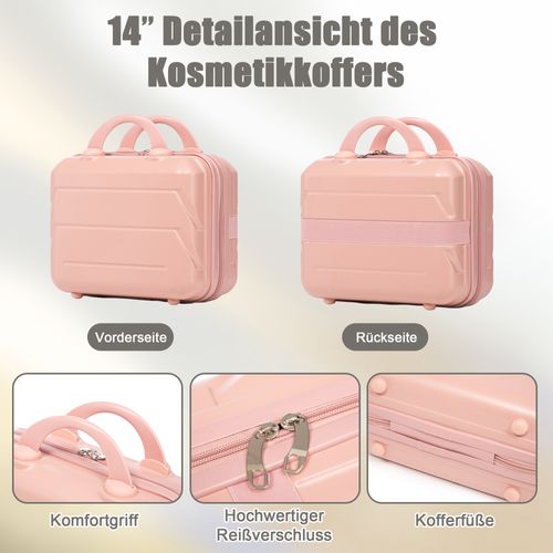 Set De Valises Abs 4 Pièces Avec Roulettes 360°, Cadenas Et Trousse Cosmétique 14", Rose