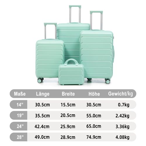 Set De Valises Abs 4 Pièces Avec Roulettes 360°, Cadenas Et Trousse Cosmétique 14", Vert Menthe