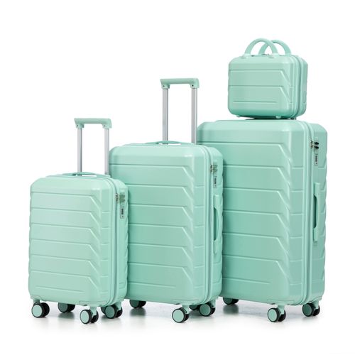 Set De Valises Abs 4 Pièces Avec Roulettes 360°, Cadenas Et Trousse Cosmétique 14", Vert Menthe