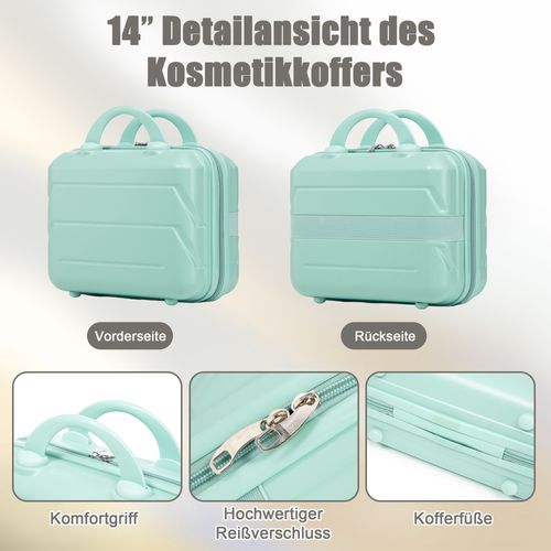 Set De Valises Abs 4 Pièces Avec Roulettes 360°, Cadenas Et Trousse Cosmétique 14", Vert Menthe