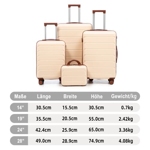 Set De Valises Abs 4 Pièces Avec Roulettes 360°, Cadenas Et Trousse Cosmétique 14", Beige