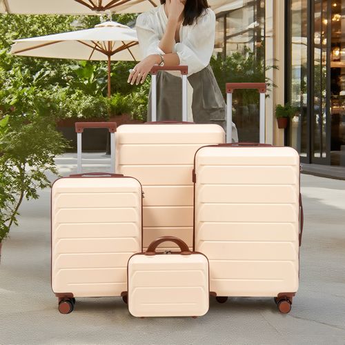 Set De Valises Abs 4 Pièces Avec Roulettes 360°, Cadenas Et Trousse Cosmétique 14", Beige