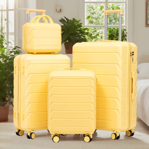 Set De Valises Abs 4 Pièces Avec Roulettes 360°, Cadenas Et Trousse Cosmétique 14", Jaune