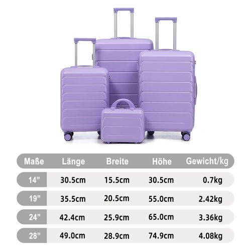 Set De Valises Abs 4 Pièces Avec Roulettes 360°, Cadenas Et Trousse Cosmétique 14", Violet