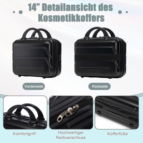 Set De Valises Abs 2 Pièces Avec Roulettes 360°, Cadenas Et Trousse Cosmétique 14", Noir