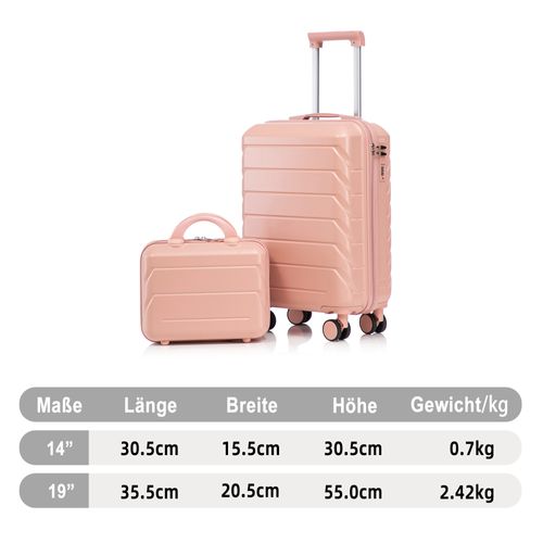 Set De Valises Abs 2 Pièces Avec Roulettes 360°, Cadenas Et Trousse Cosmétique 14", Rose