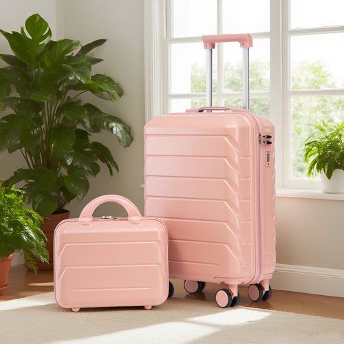 Set De Valises Abs 2 Pièces Avec Roulettes 360°, Cadenas Et Trousse Cosmétique 14", Rose