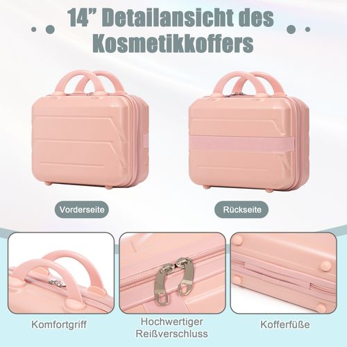 Set De Valises Abs 2 Pièces Avec Roulettes 360°, Cadenas Et Trousse Cosmétique 14", Rose