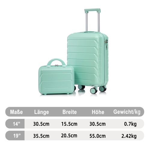 Set De Valises Abs 2 Pièces Avec Roulettes 360°, Cadenas Et Trousse Cosmétique 14", Vert Menthe