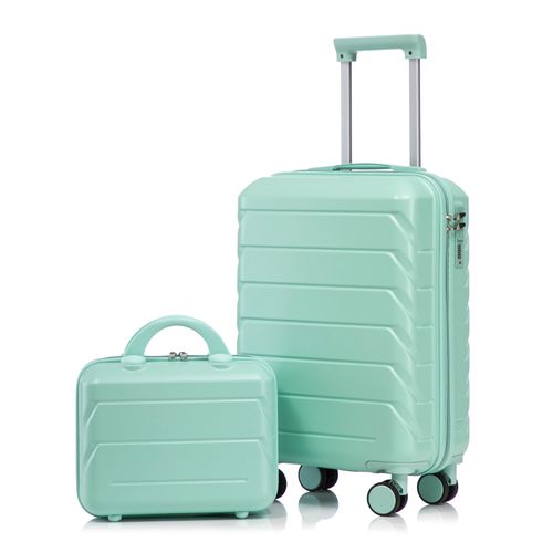 Set De Valises Abs 2 Pièces Avec Roulettes 360°, Cadenas Et Trousse Cosmétique 14", Vert Menthe