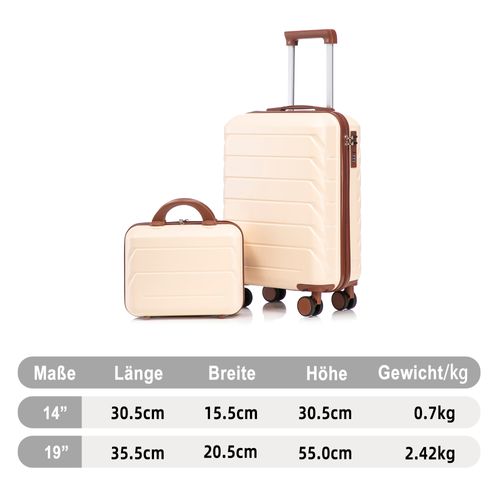 Set De Valises Abs 2 Pièces Avec Roulettes 360°, Cadenas Et Trousse Cosmétique 14", Beige