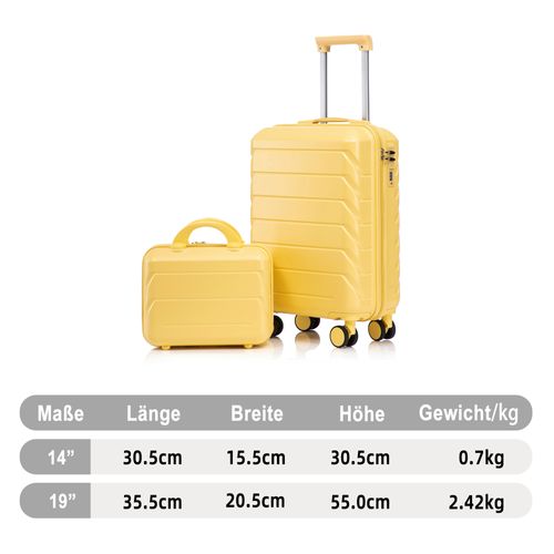 Set De Valises Abs 2 Pièces Avec Roulettes 360°, Cadenas Et Trousse Cosmétique 14", Jaune