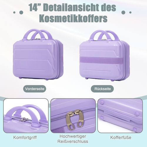 Set De Valises Abs 2 Pièces Avec Roulettes 360°, Cadenas Et Trousse Cosmétique 14", Violet