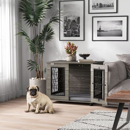 Caisse Pour Chien Avec Coussin Confortable, Métal Et Bois, 80x56x63cm, Pour Chiens Jusqu’à 20kg