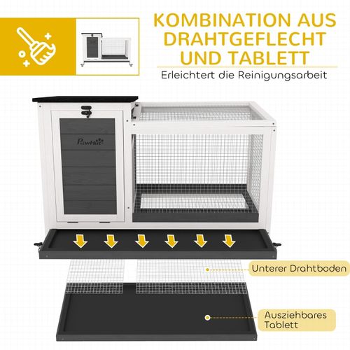 Clapier Pour Lapins Avec Enclos Mobile Et Toit Rabattable, Bois Massif, 92x52x67 Cm