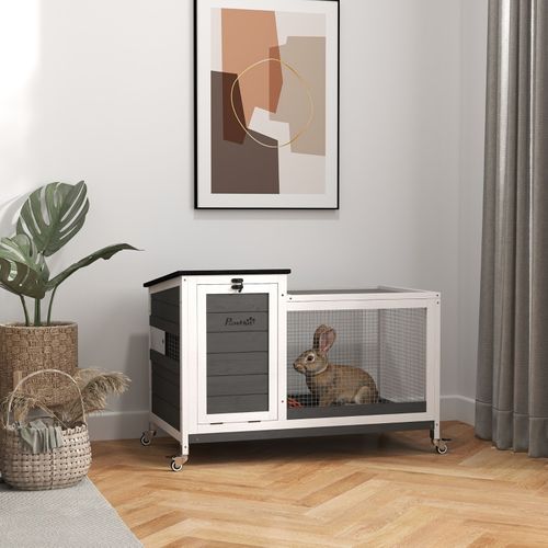 Clapier Pour Lapins Avec Enclos Mobile Et Toit Rabattable, Bois Massif, 92x52x67 Cm