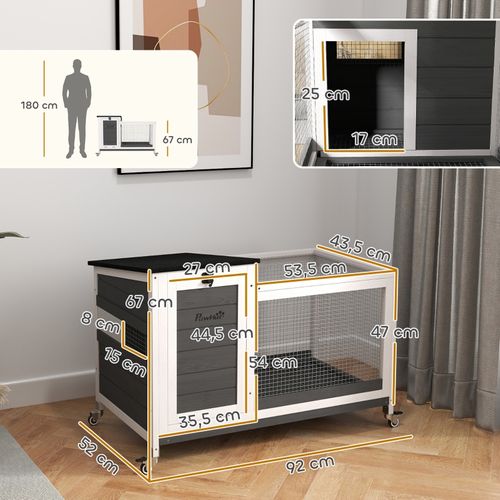 Clapier Pour Lapins Avec Enclos Mobile Et Toit Rabattable, Bois Massif, 92x52x67 Cm