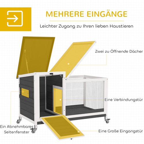 Clapier Pour Lapins Avec Enclos Mobile Et Toit Rabattable, Bois Massif, 92x52x67 Cm