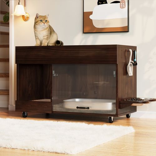 Meuble Cache-litière Mobile Pour Chat Avec Porte Relevable, Rangements Et Gamelles, 100 Cm