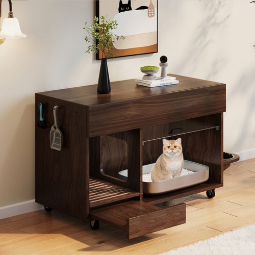 Meuble Cache-litière Mobile Pour Chat Avec Porte Relevable, Rangements Et Gamelles, 100 Cm