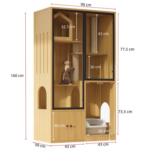 Grande Villa Pour Chats En Verre à Quatre Niveaux Avec Griffoir Intégré, Érable Jaune, 160 Cm