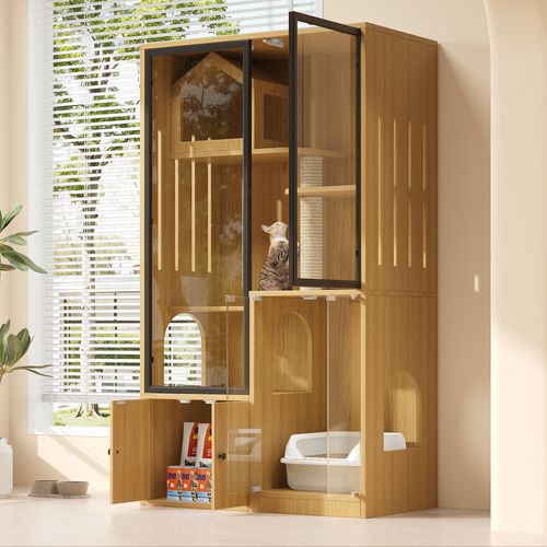 Grande Villa Pour Chats En Verre à Quatre Niveaux Avec Griffoir Intégré, Érable Jaune, 160 Cm