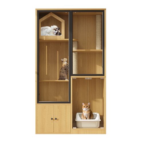 Grande Villa Pour Chats En Verre à Quatre Niveaux Avec Griffoir Intégré, Érable Jaune, 160 Cm