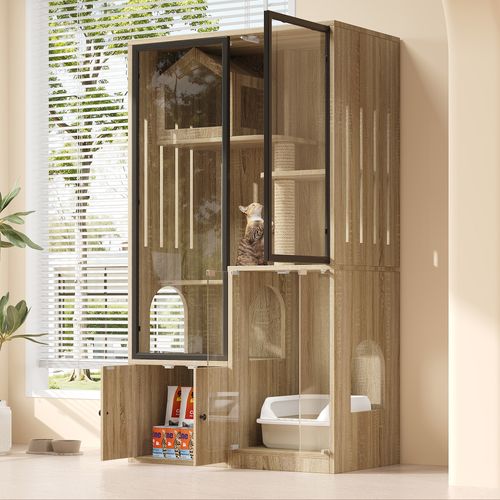 Grande Villa Pour Chats En Verre à Quatre Niveaux Avec Griffoir Intégré, Bois Naturel, 160 Cm