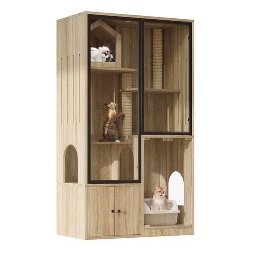 Grande Villa Pour Chats En Verre à Quatre Niveaux Avec Griffoir Intégré, Bois Naturel, 160 Cm