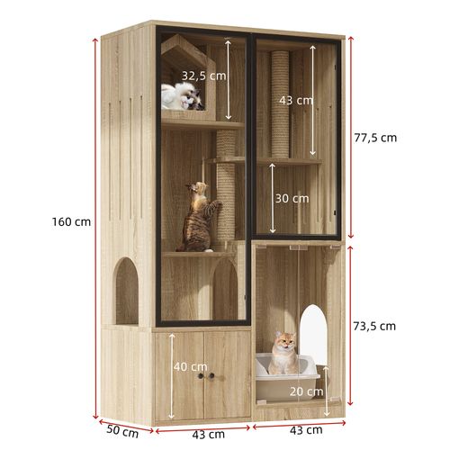 Grande Villa Pour Chats En Verre à Quatre Niveaux Avec Griffoir Intégré, Bois Naturel, 160 Cm