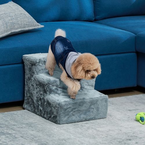 Escalier Pour Animaux 3 Marches En Peluche, Montée Facile Pour Lit Et Canapé, Gris Clair