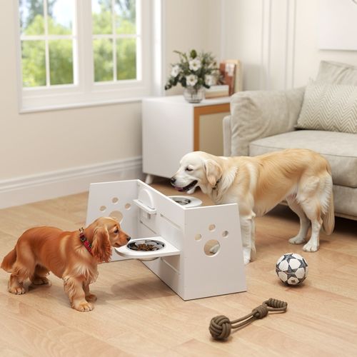 Gamelle Surélevée Pour Chiens Avec 2 Bols Inox Et Tapis Anti-glouton, Réglable 3 Niveaux