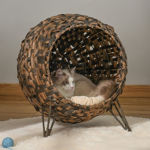 Panier Pour Chat En Rotin Avec Coussin Surélevé, Confortable Et Design Contemporain, Ø52x58 Cm