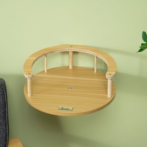 Lit Mural Pour Chats Avec Coussin Amovible Et Rebord De Sécurité, Design Élégant Chêne Et Crème