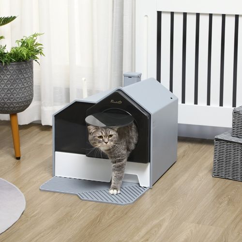 Litière Pour Chat Design Cabane Avec Bac Amovible, Tapis Anti-litière Et Pelle, Gris 47x45x42 Cm
