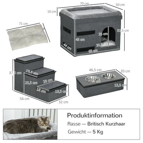 Maison Pour Chat Multifonction Avec 3 Marches, 2 Gamelles Et Espace Repos 70x50x51 Cm