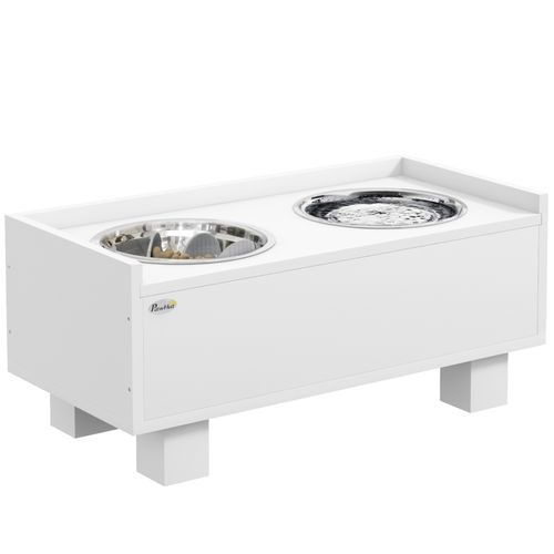 Station De Nourriture Surélevée Pour Chiens Avec Tapis Slow-feeder Et Deux Bols En Aluminium, Blanc