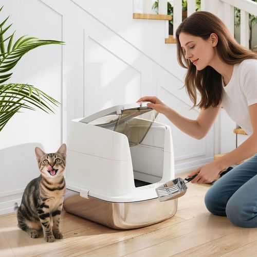 Litière Fermée En Acier Inoxydable Pour Chats Avec Entrée Avant, 52,4x41,3x39,8 Cm
