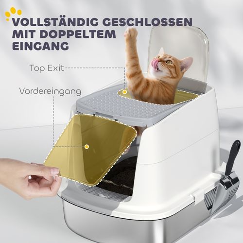 Litière Fermée En Acier Inoxydable Pour Chats Avec Entrée Avant, 52,4x41,3x39,8 Cm