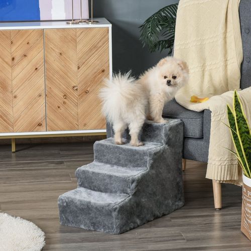 Escalier Pour Chiens Et Chats 4 Marches Avec Revêtement En Peluche Pour Lit Et Canapé, Gris Clair