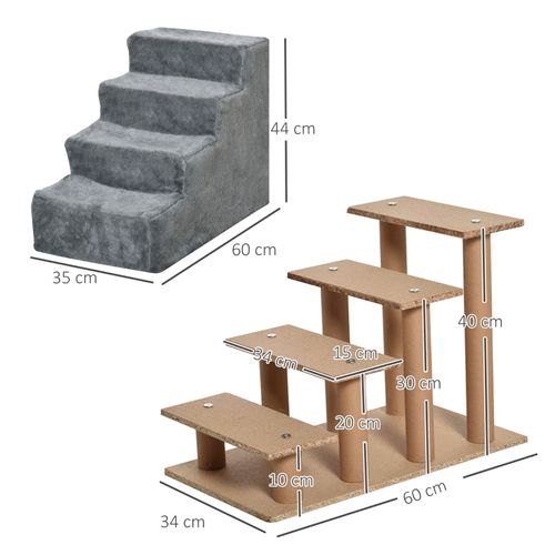 Escalier Pour Chiens Et Chats 4 Marches Avec Revêtement En Peluche Pour Lit Et Canapé, Gris Clair