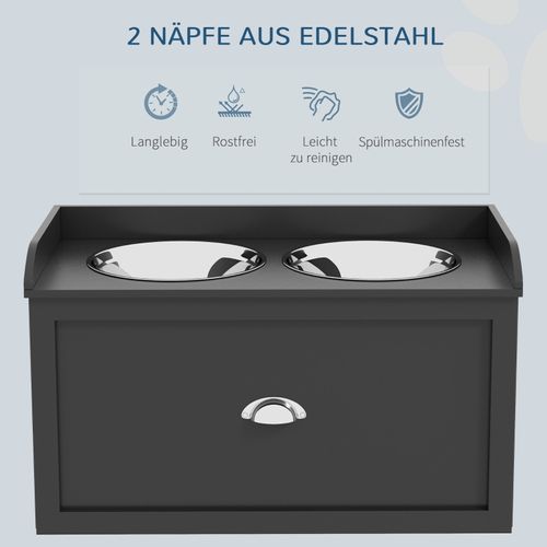 Station De Nourriture Pour Grands Chiens, 2 Bols Inox 2 L Avec Tiroir, 60 X 30 X 36 Cm