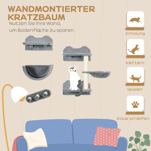 Mur D’escalade Pour Chat 4 Pièces Avec Plateformes, Hamac Et Escalier, Gris