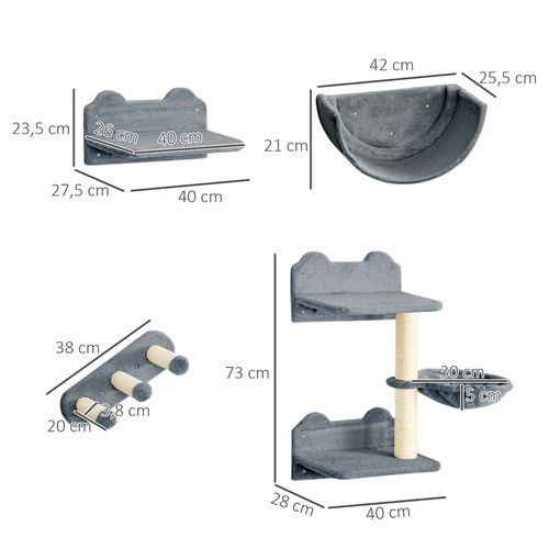 Mur D’escalade Pour Chat 4 Pièces Avec Plateformes, Hamac Et Escalier, Gris